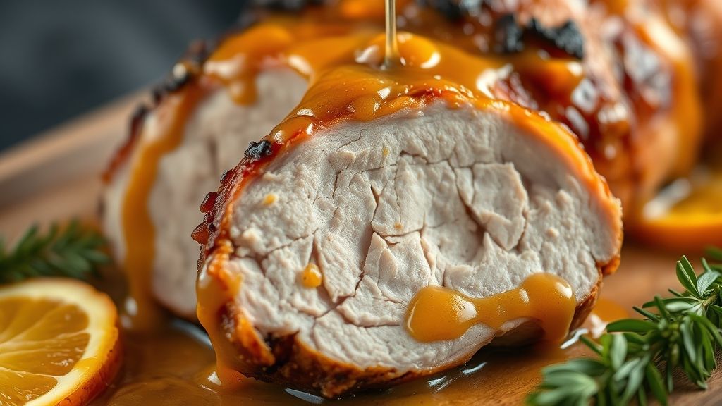 Close-up do lombo fatiado com molho espesso e brilhoso escorrendo pelas fatias, destacando textura e suculência.