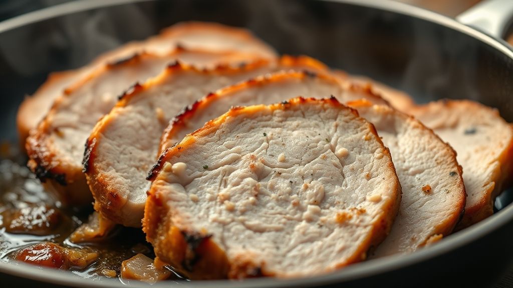 Close-up das fatias de lombo douradas mostrando a textura suculenta do interior