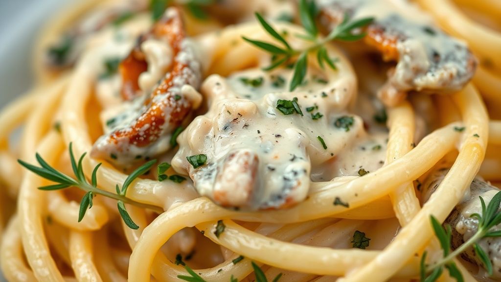 Close-up do macarrão cremoso com sardinha mostrando a textura do molho e a finalização com cheiro-verde