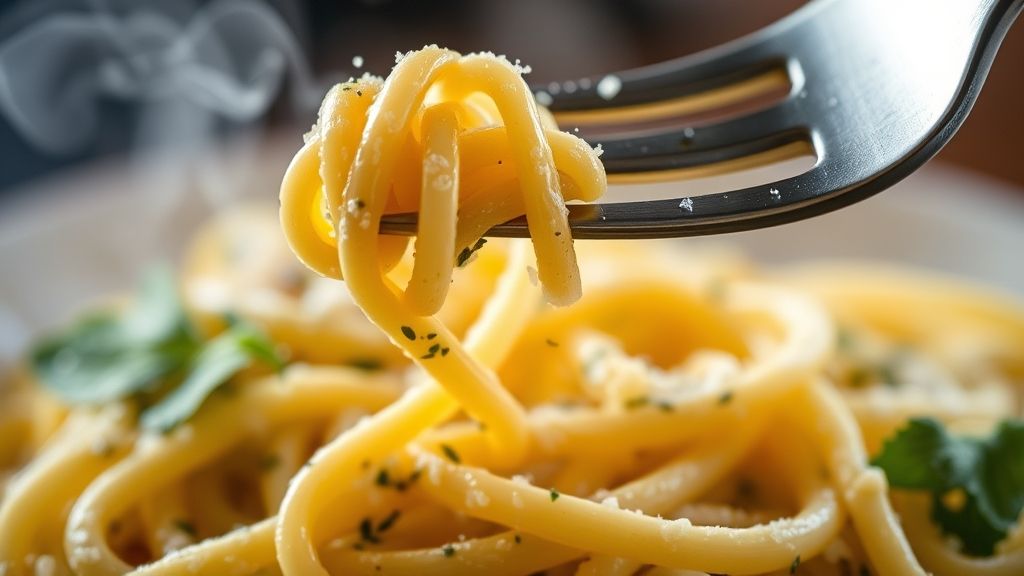Close-up do macarrão servido, destacando a textura do molho e o queijo derretido por cima