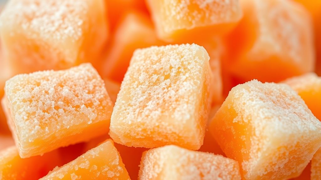Close-up dos cubos de mamão congelado, realçando a textura e o brilho da fruta