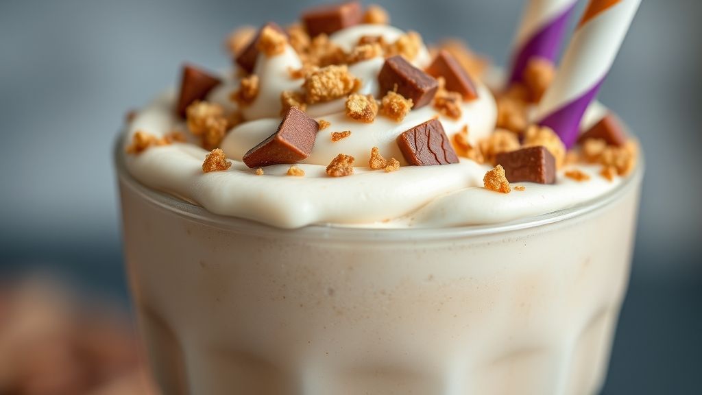 Close-up mostrando a textura cremosa e o crocante por cima do milk shake de Ovomaltine