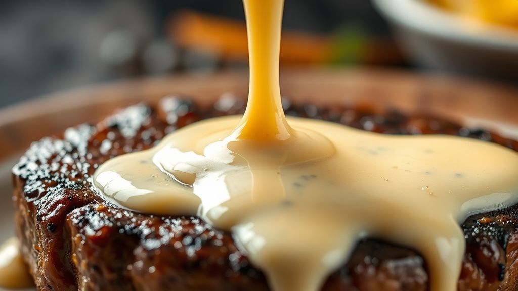 Close-up mostrando o molho cremoso sendo derramado sobre uma carne suculenta