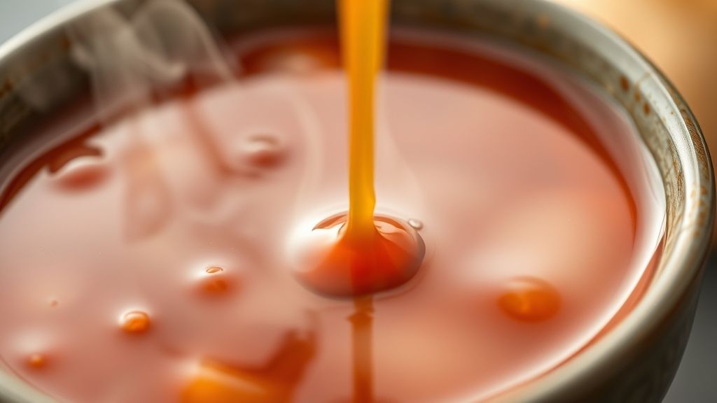 Close-up do molho agridoce brilhante, com textura encorpada e cor avermelhada vibrante
