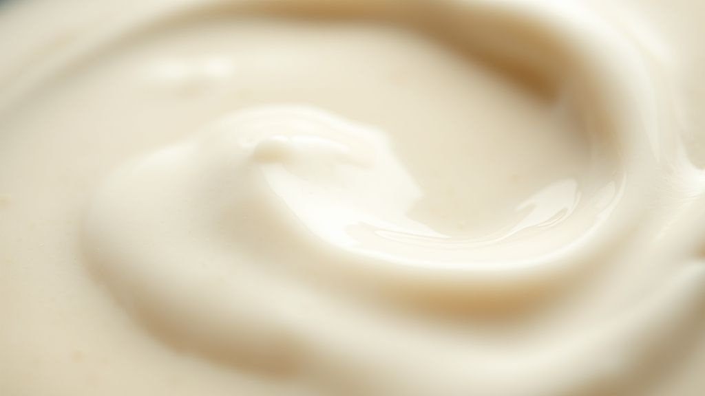 Close-up do molho branco cremoso sendo servido com uma concha, destacando a textura lisa.