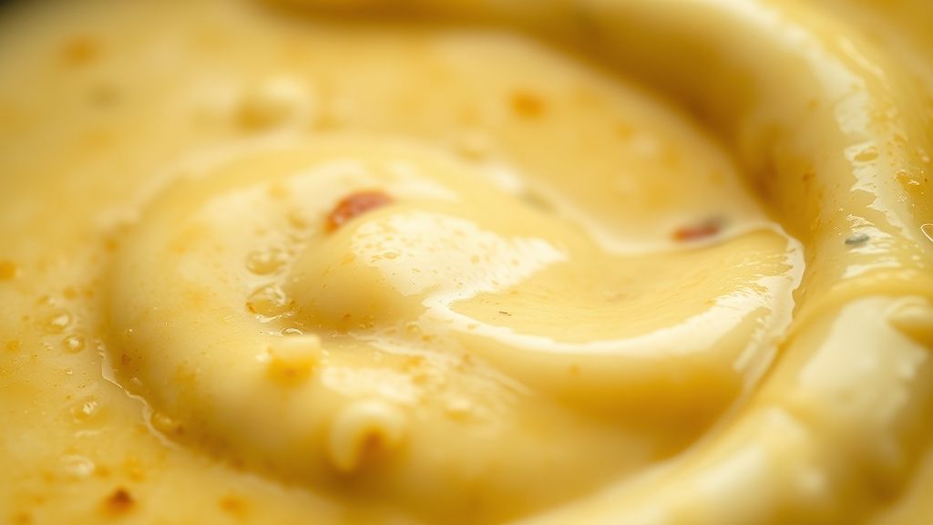 Close-up do molho cremoso em molheira, mostrando textura aveludada e cor dourada