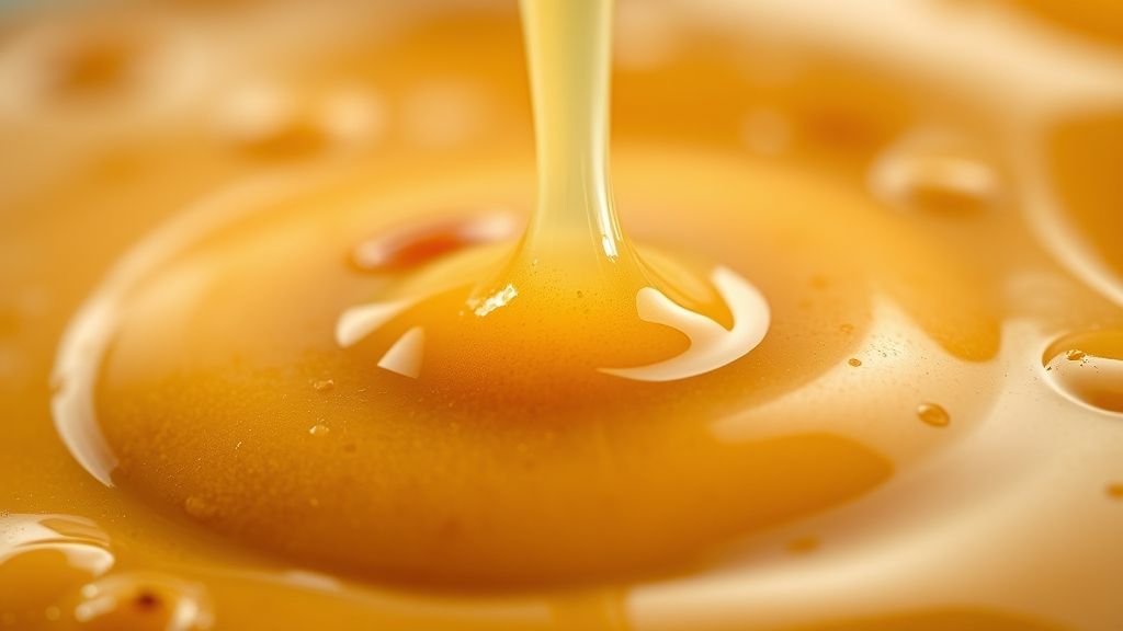 Close-up do molho pronto sendo derramado lentamente em uma colher, com textura brilhante