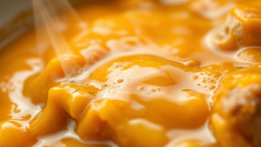 Close-up do molho dourado com textura cremosa, servido com colher de madeira.