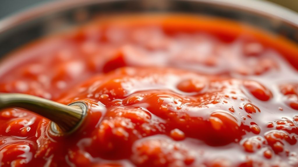 Close-up do molho de pimenta vermelha no pote, destacando textura cremosa e brilho intenso