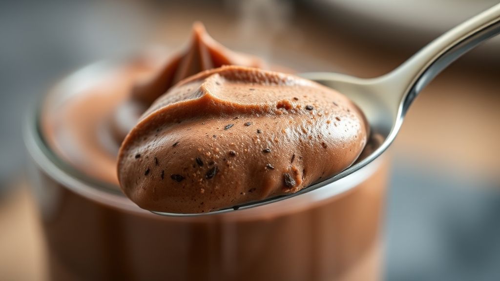 Close-up da mousse pronta com textura aveludada, raspas de chocolate e grãos de café no topo