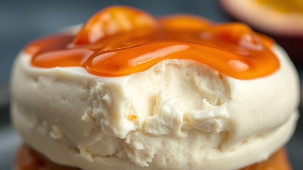 Close-up do mousse de maracujá pronto, com textura aerada e calda brilhante escorrendo