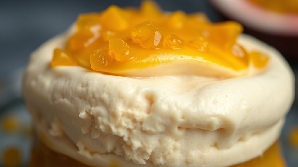 Close-up mostrando a textura aerada do mousse e a calda de maracujá por cima