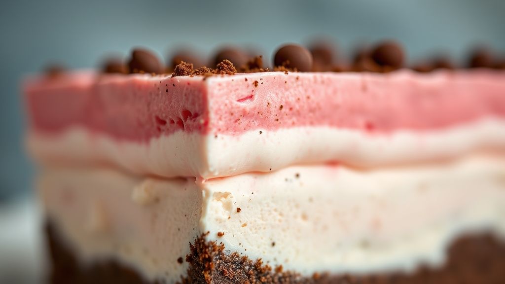 Close-up da mousse napolitana mostrando as três camadas bem definidas e textura cremosa.