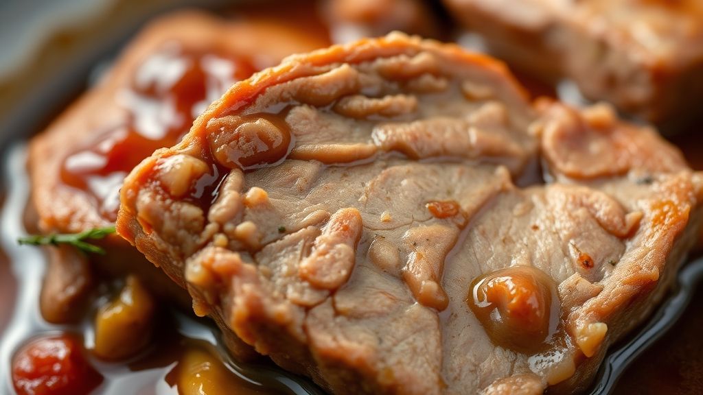 Close-up do ossobuco pronto com molho brilhante e pedaços de ervas frescas