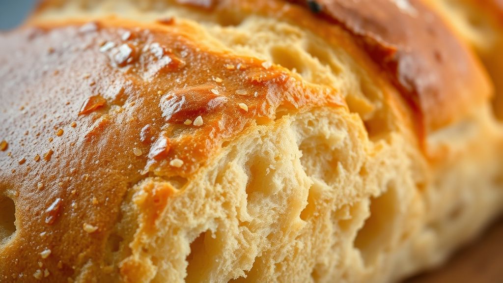 Close-up do pão pronto, destacando a textura macia e o brilho da casca dourada.
