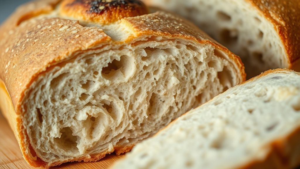 Close-up do pão caseiro fatiado, mostrando o miolo leve e a crosta crocante