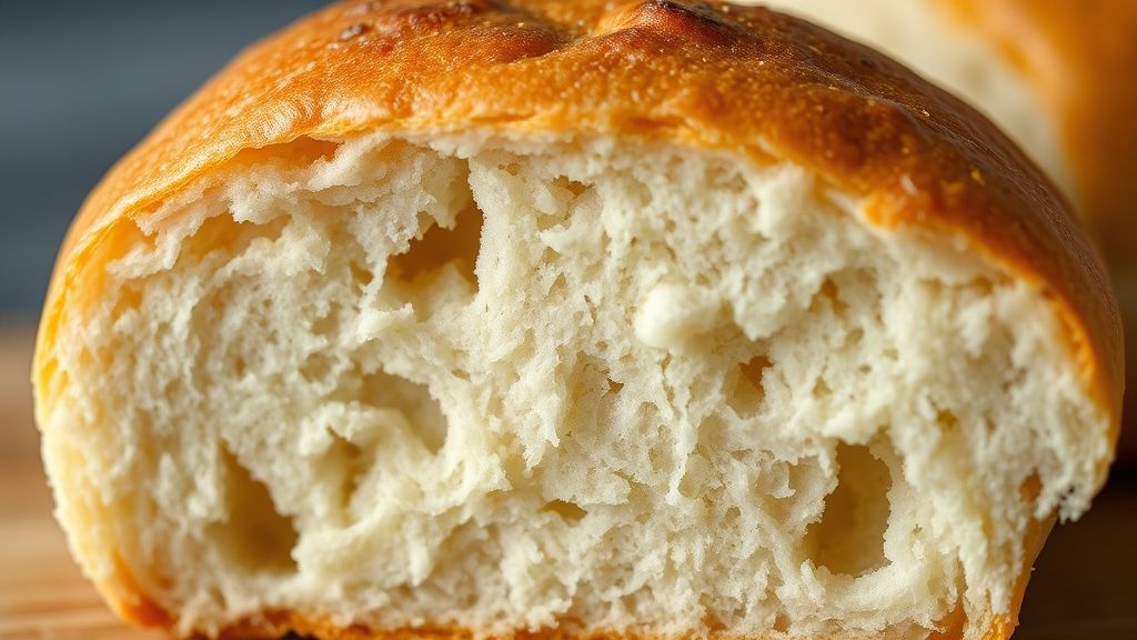 Close-up do pão cortado, mostrando o miolo macio e a casca dourada.