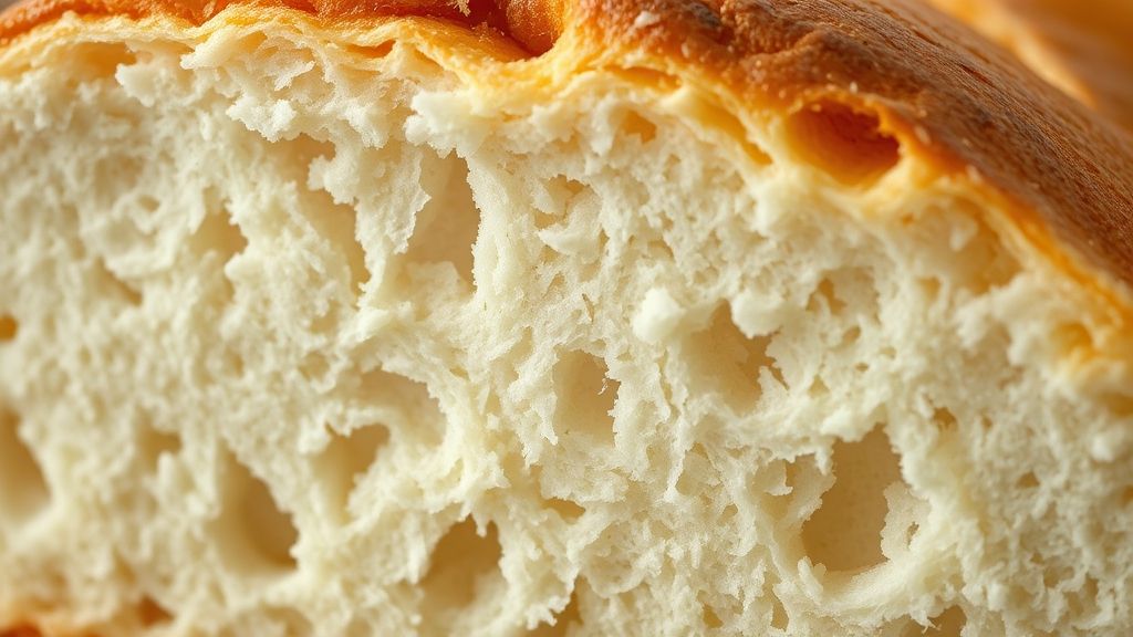 Close-up de uma fatia do pão caseiro fofinho mostrando o miolo macio e aerado