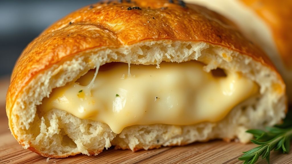 Close-up do pão caseiro cortado, mostrando a textura fofa e recheio derretido.