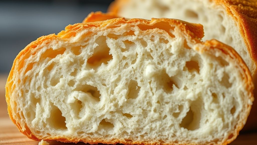 Close-up do pão caseiro cortado, mostrando a textura leve e o miolo macio.