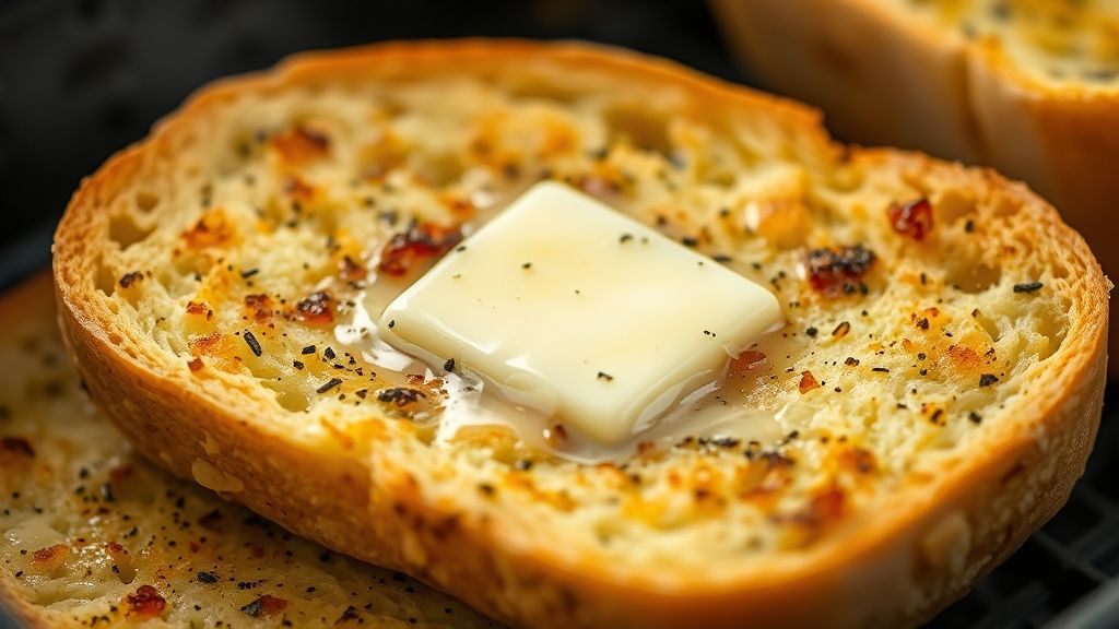 Close-up do pão de alho pronto, destacando a textura crocante e o recheio derretido.
