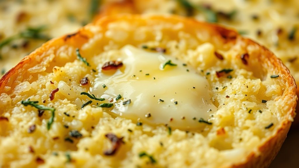 Close-up do pão de alho crocante e dourado, com o recheio derretendo entre as fatias