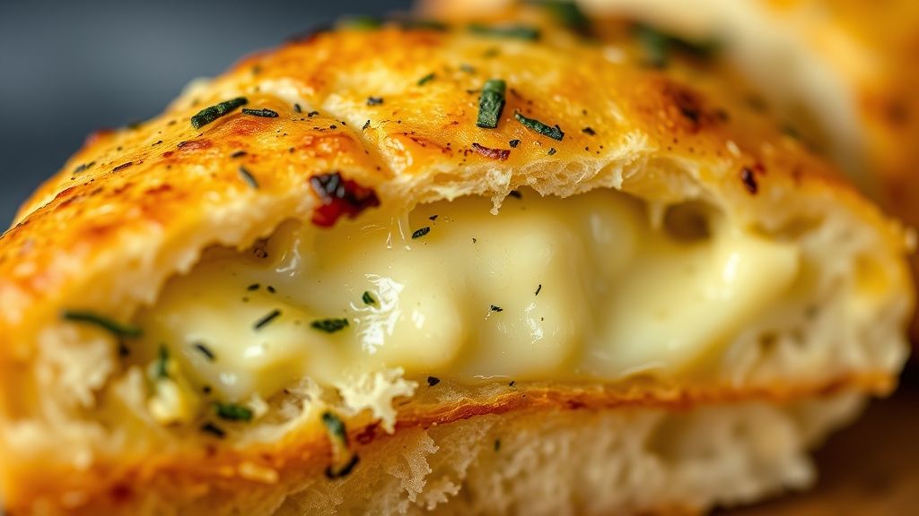Close-up do pão de alho recém-assado mostrando a crosta dourada e o recheio cremoso de queijo