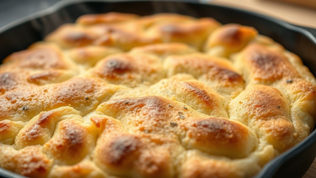Close-up do pão de frigideira cortado ao meio, mostrando sua textura leve e dourada