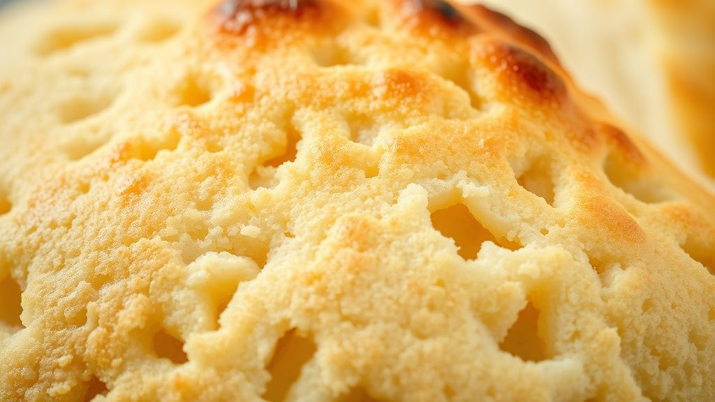 Close-up do pão de frigideira mostrando a textura interna fofa e a crosta dourada