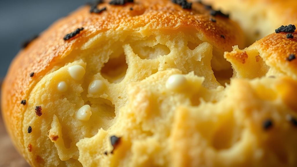 Close do pão de queijo partido ao meio mostrando o interior leve e elástico