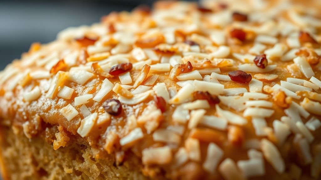 Close-up do pão doce pronto, destacando a textura fofa e o brilho da cobertura de coco caramelizada