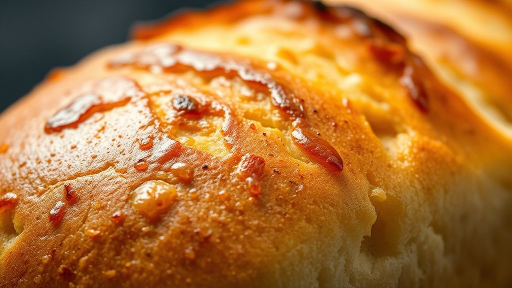 Close-up do pão pronto, crosta brilhante e textura macia, ressaltando o efeito do pincelamento.