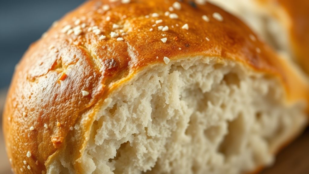 Close-up de um pão francês rachado na superfície, mostrando a textura crocante e o miolo leve.