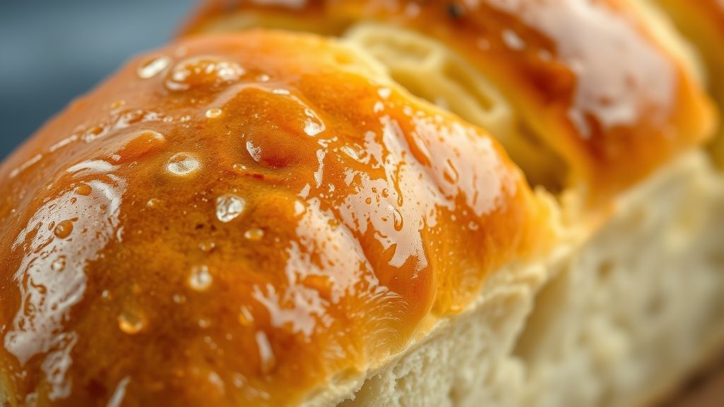 Close-up destacando o brilho e a textura dourada do pão pronto, crosta reluzente
