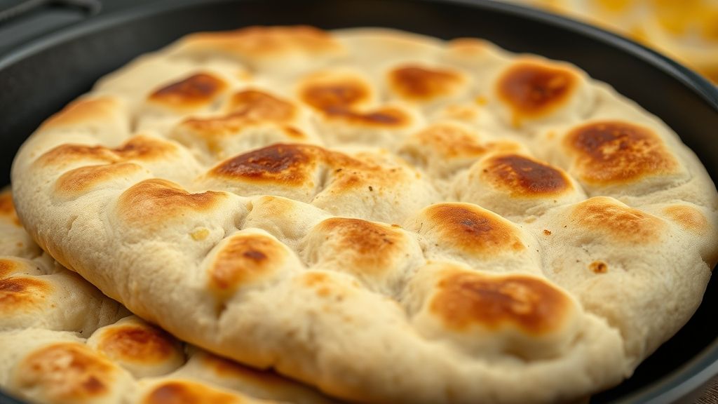 Close-up do pão sírio dourado e macio, mostrando bolhas e textura interna suave