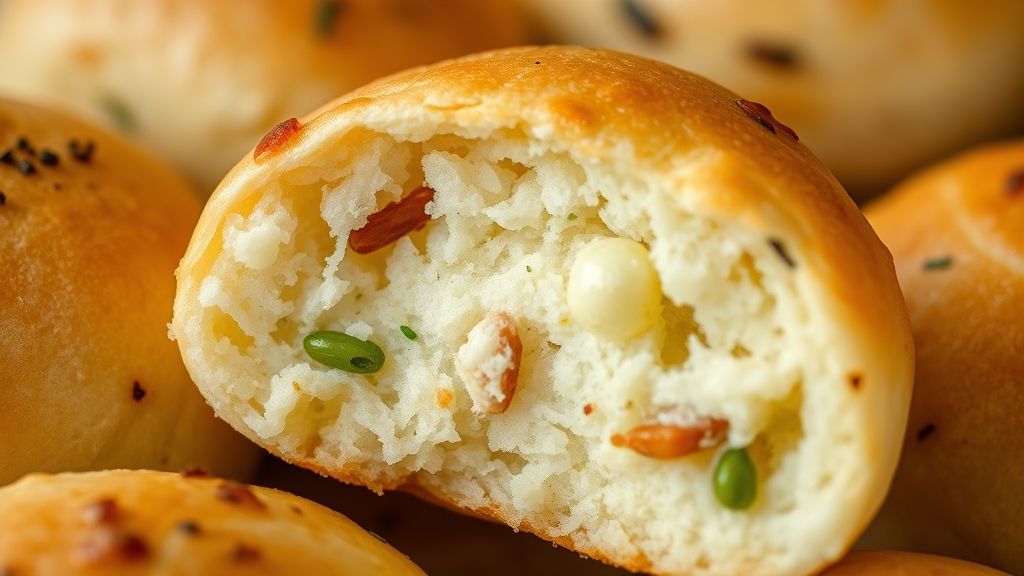 Close-up de um pãozinho de batata partido ao meio, mostrando a textura macia e o interior aerado