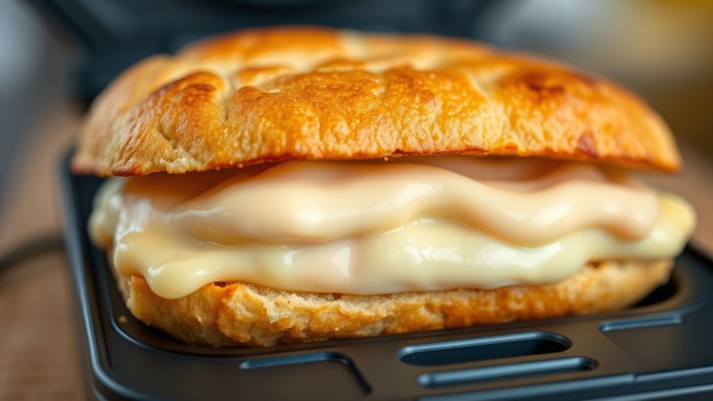 Close-up de um pastel aberto mostrando o recheio derretido e a crosta dourada