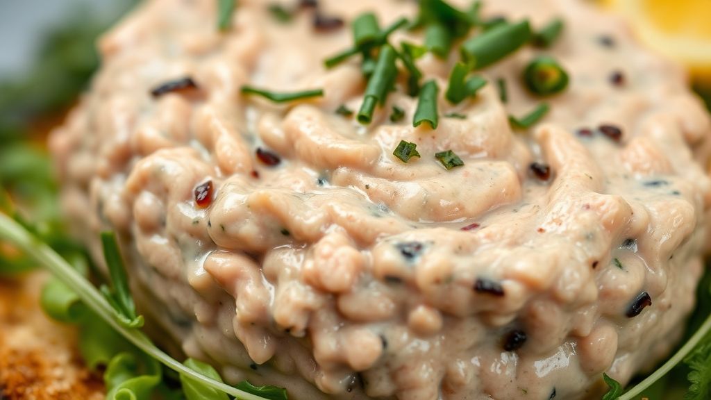 Close-up do patê de atum saudável destacando textura cremosa e ervas frescas