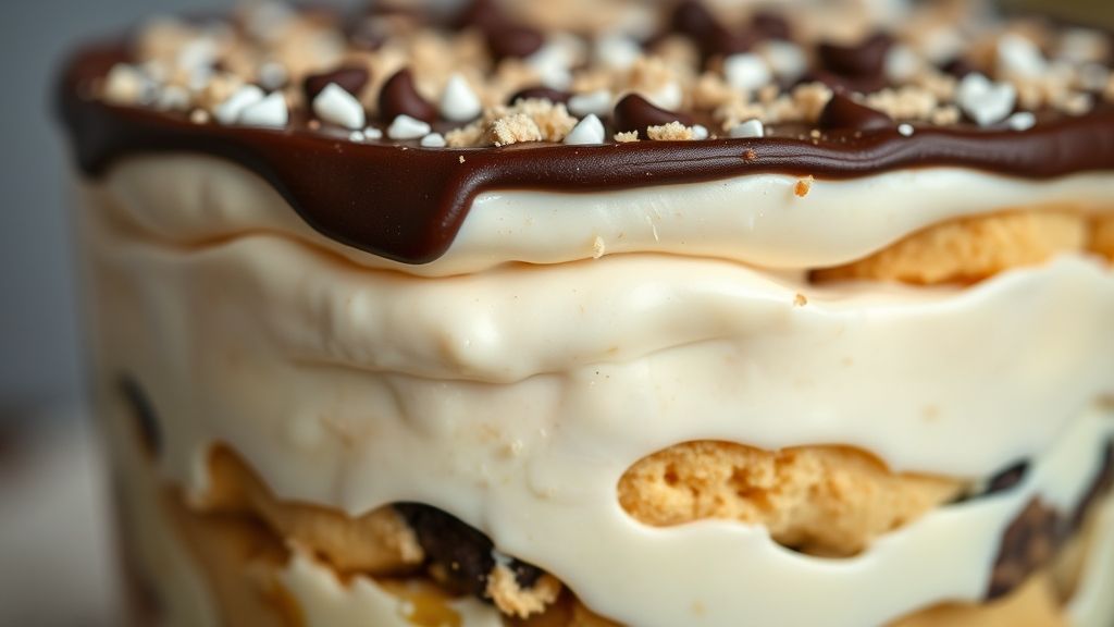 Close-up do pavê pronto, destacando as camadas e o brilho do chocolate por cima