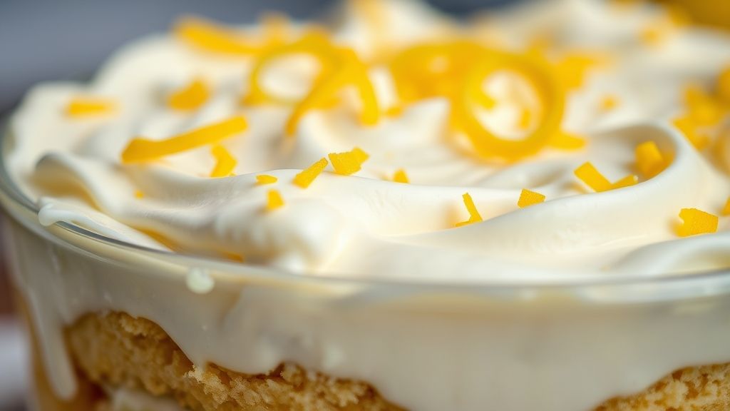 Close-up do pavê de limão finalizado, mostrando a textura cremosa e as raspas de limão no topo