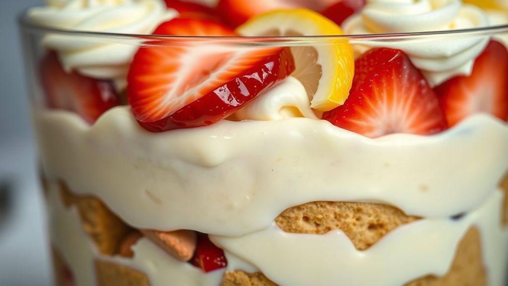Close-up do pavê de limão mostrando camadas de biscoito, creme e morango com textura cremosa