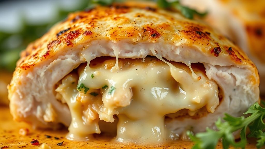 Close-up do corte do peito de frango recheado, mostrando o recheio derretido e textura suculenta
