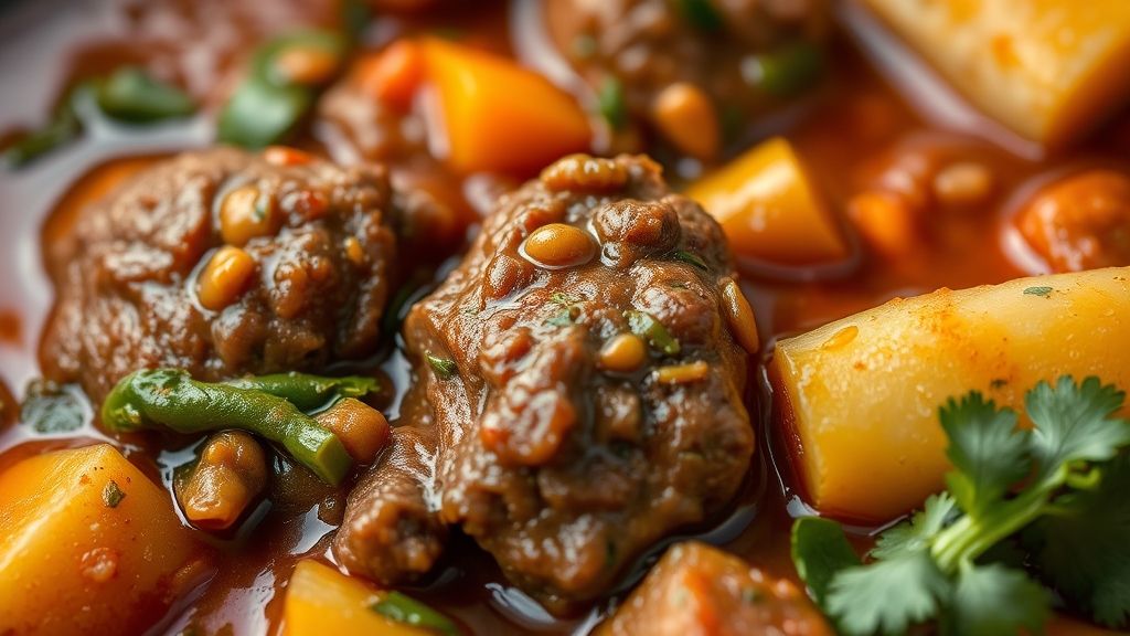 Close-up do picadinho à jardineira pronto, destacando o brilho do molho e a textura dos legumes