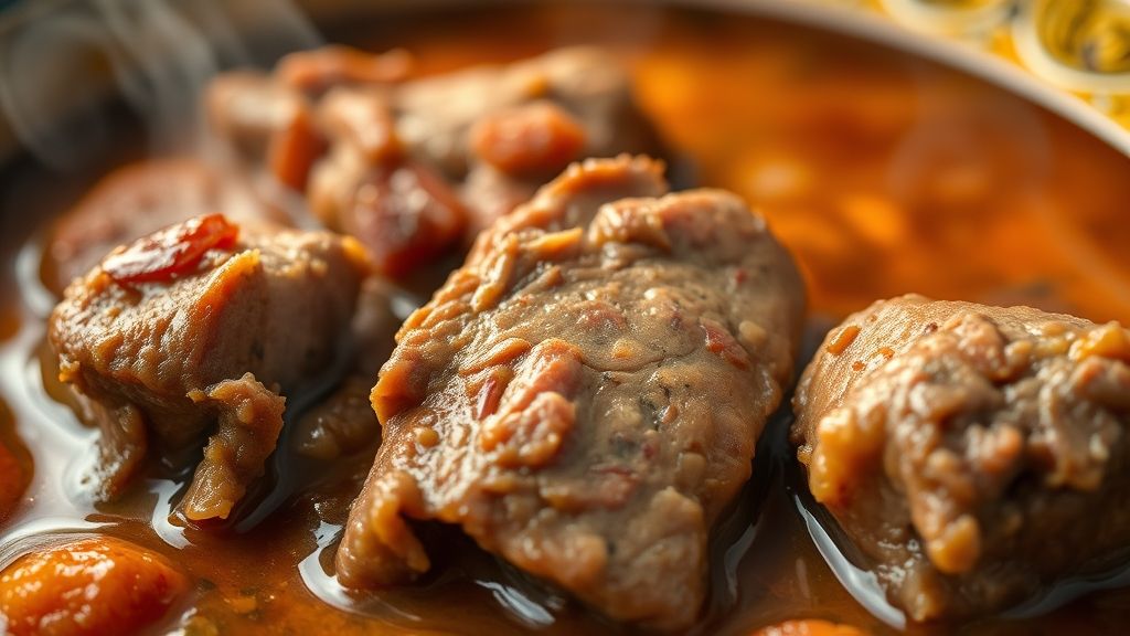 Close-up do picadinho pronto, com molho espesso e pedaços suculentos de porco destacados