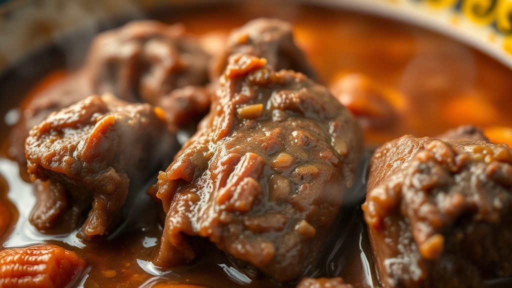 Close-up do picadinho de músculo pronto, mostrando a textura macia da carne e o brilho do molho