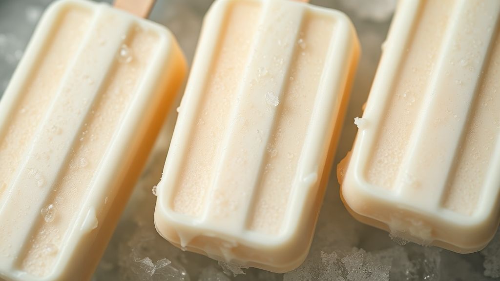 Close-up mostrando a textura cremosa do picolé e gotas de condensação, com frutas ao fundo.