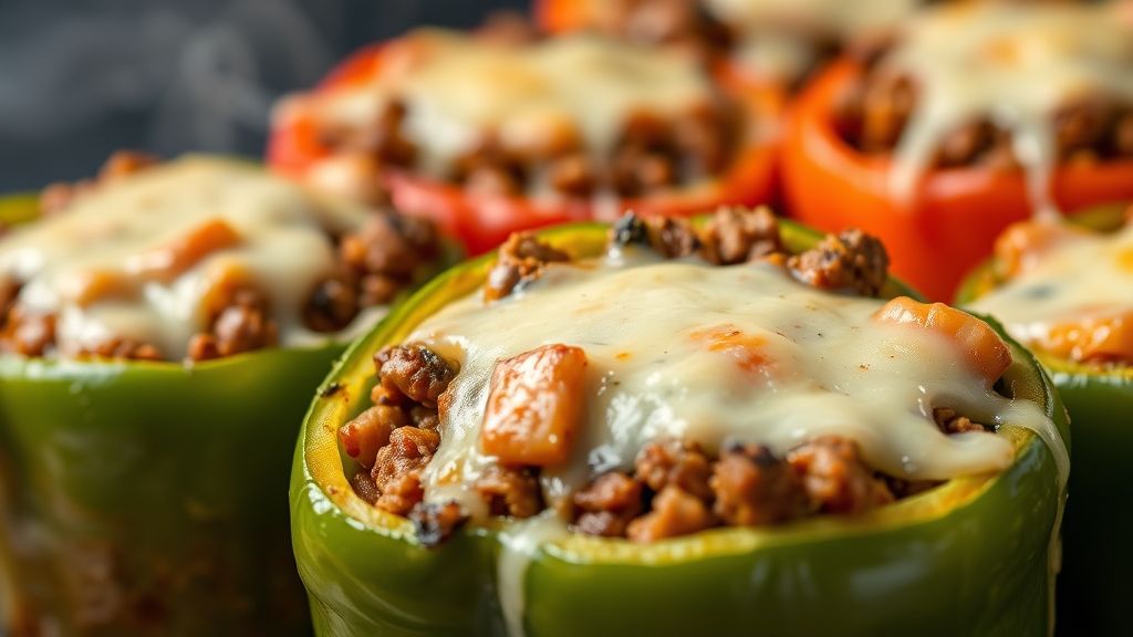 Close-up do pimentão recheado dourado no forno, com queijo gratinado e suculento