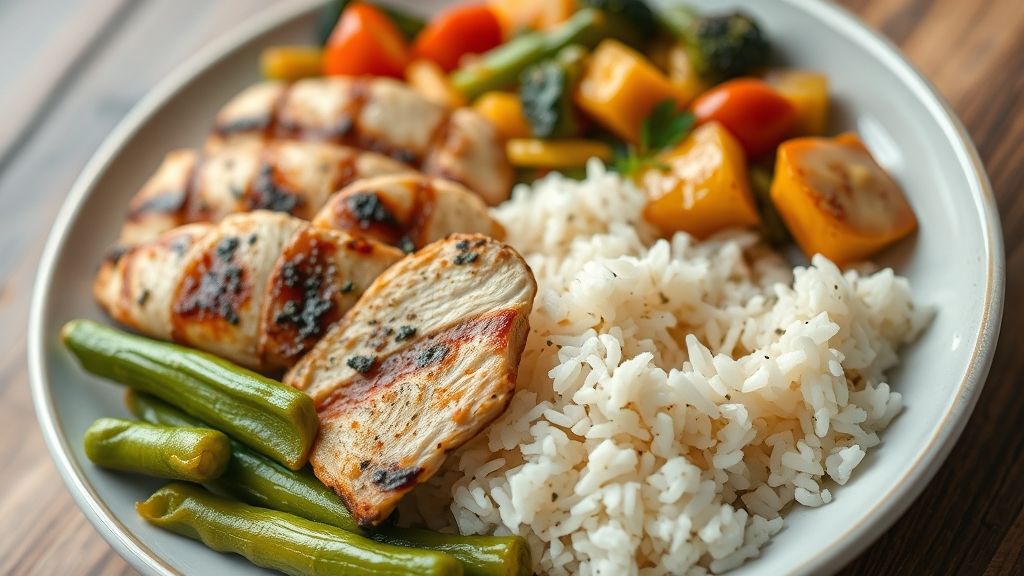 Close-up do prato com arroz soltinho, frango grelhado e legumes coloridos, destacando textura e brilho apetitoso.