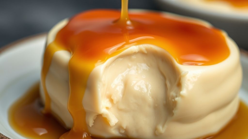 Close-up do pudim pronto com calda caramelizada escorrendo pelas laterais