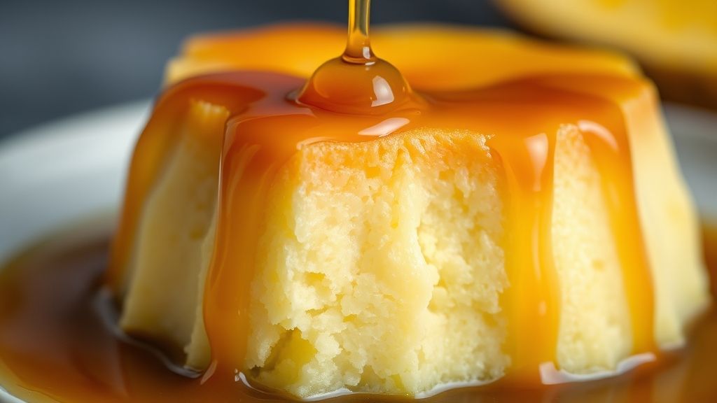 Close-up do pudim com textura lisa e calda escorrendo, destacando brilho e cremosidade